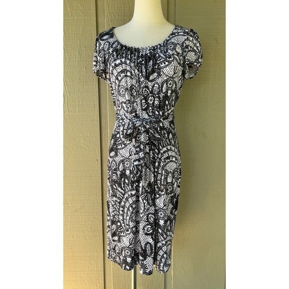 Calvin Klein Black White Dress Lace Print Small Belted Office Work Modest - Picture 4 of 11